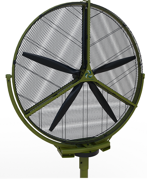 Close-up of Performance Fan showing cage and motor box design for durability and efficient airflow on golf courses